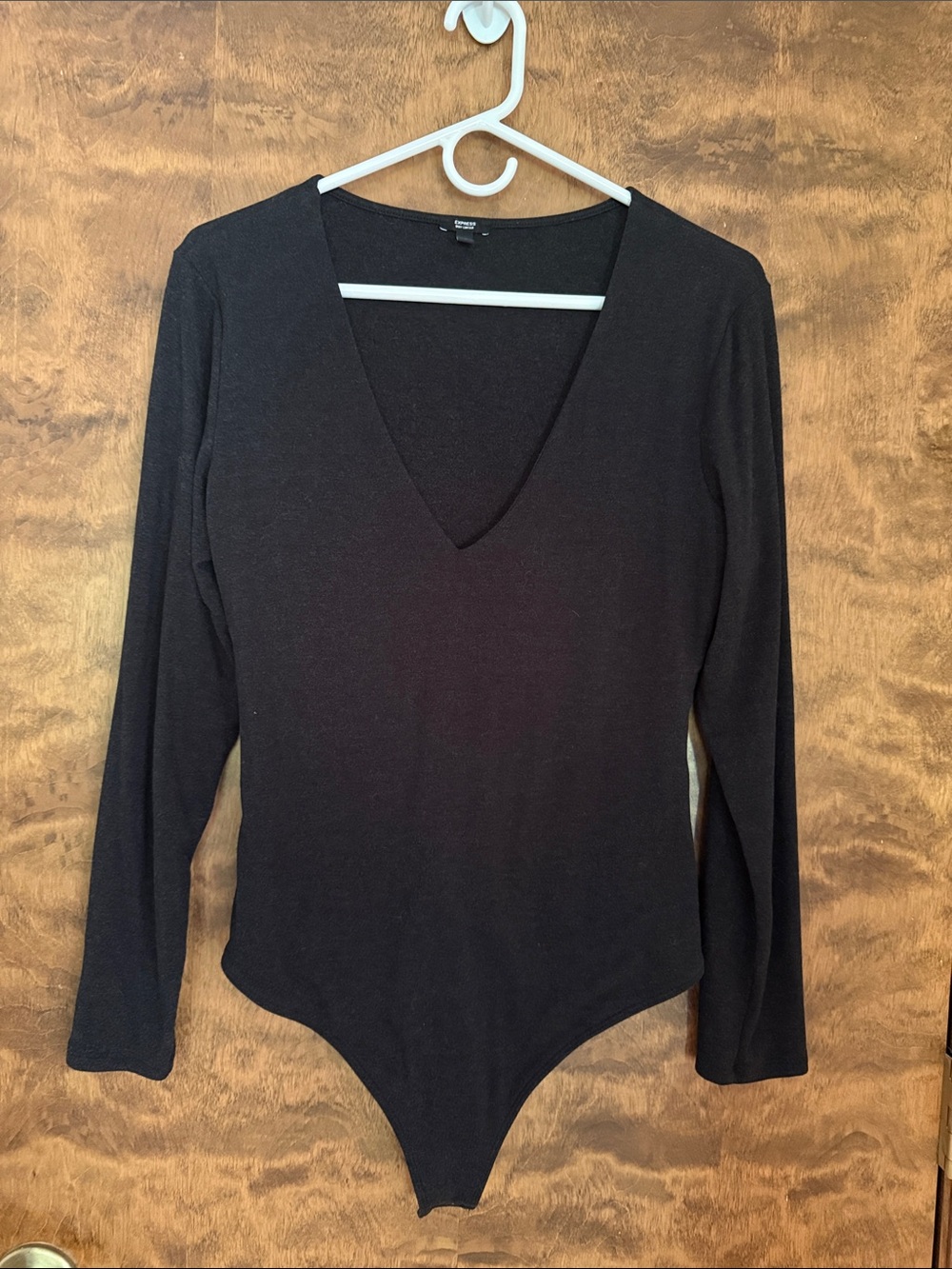 Express Body Contour Charcoal V-Neck Long Sleeve Bodysuit - Large